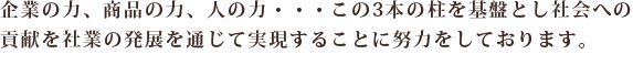 企業の力、商品の力、人の力・・・この3本の柱を基盤とし社会への貢献を社業の発展を通じて実現することに努力をしております。